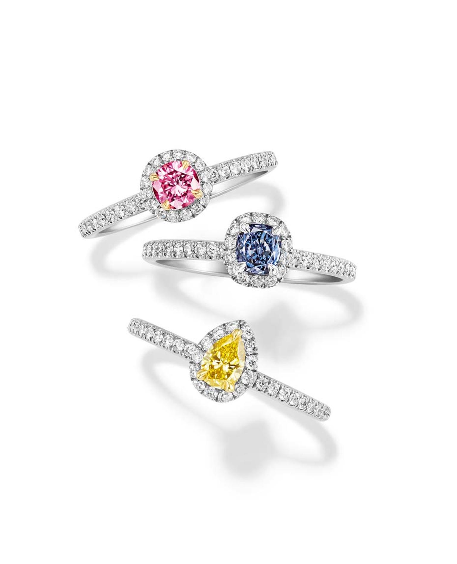 Harry Winston coloured diamond engagement rings with pavé diamonds surrounding the central diamond and band.