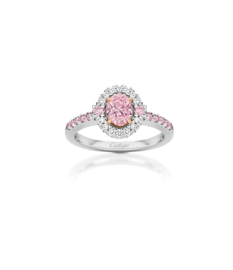 Calleija Elyssa pink diamond engagement ring featuring a brilliant-cut Fancy Intense Purplish Pink diamond centre surrounded by pink and white diamonds.