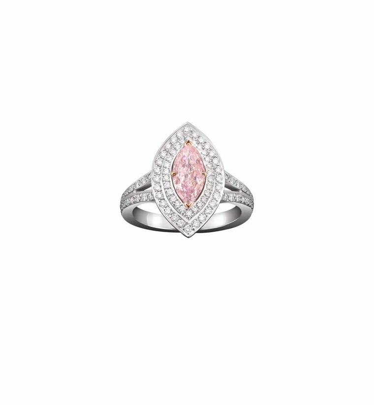 Boodles marquise-cut pink diamond engagement ring surrounded by a double pavé of white diamonds leading to a double pavé ban