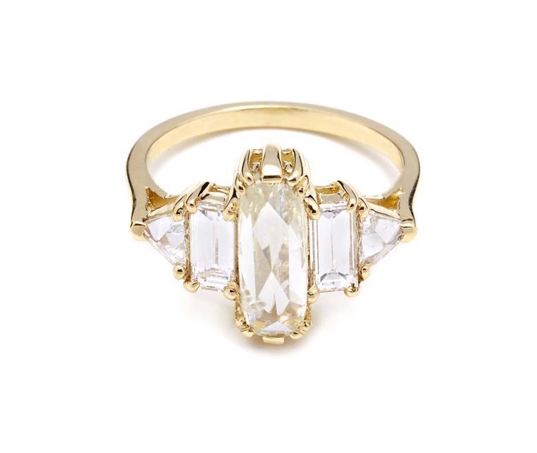Anna Sheffield Theda diamond engagement ring, with a central elongated rose-cut pale yellow diamond flanked by four white diamonds in yellow gold (£9,378).