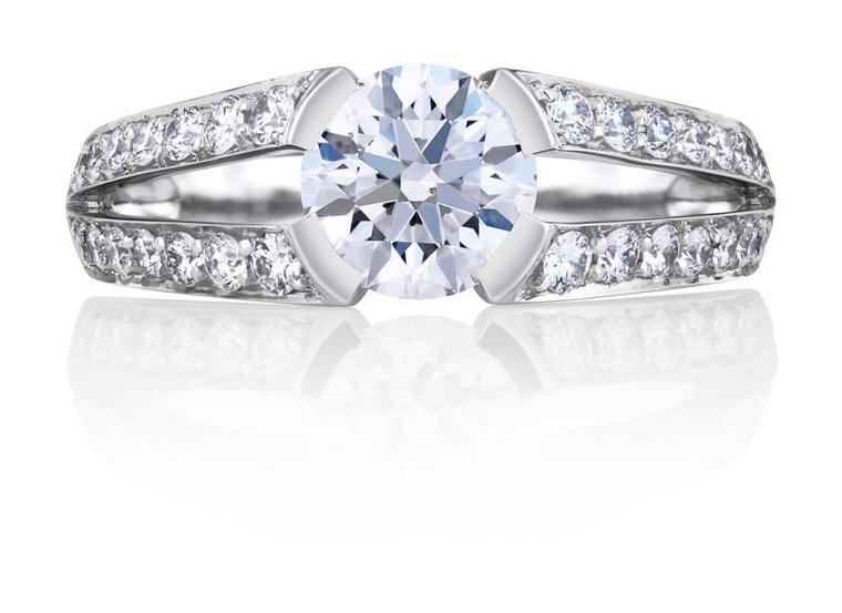 De Beers Annabel brilliant-cut diamond engagement ring featuring a split shank band with a double pavé of diamonds (from £12,400).