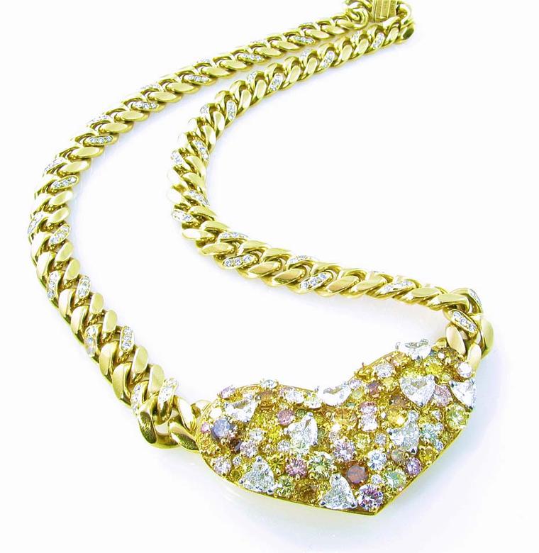 Camilla Dietz Bergeron Gallery's yellow gold, diamond and fancy colored diamond heart shaped necklace signed Bulgari circa 1980's.