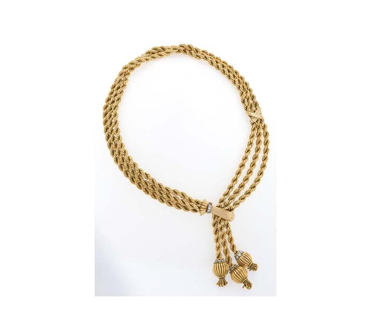 Macklowe Gallery's French mid-20th century gold necklace with 33 round diamonds.