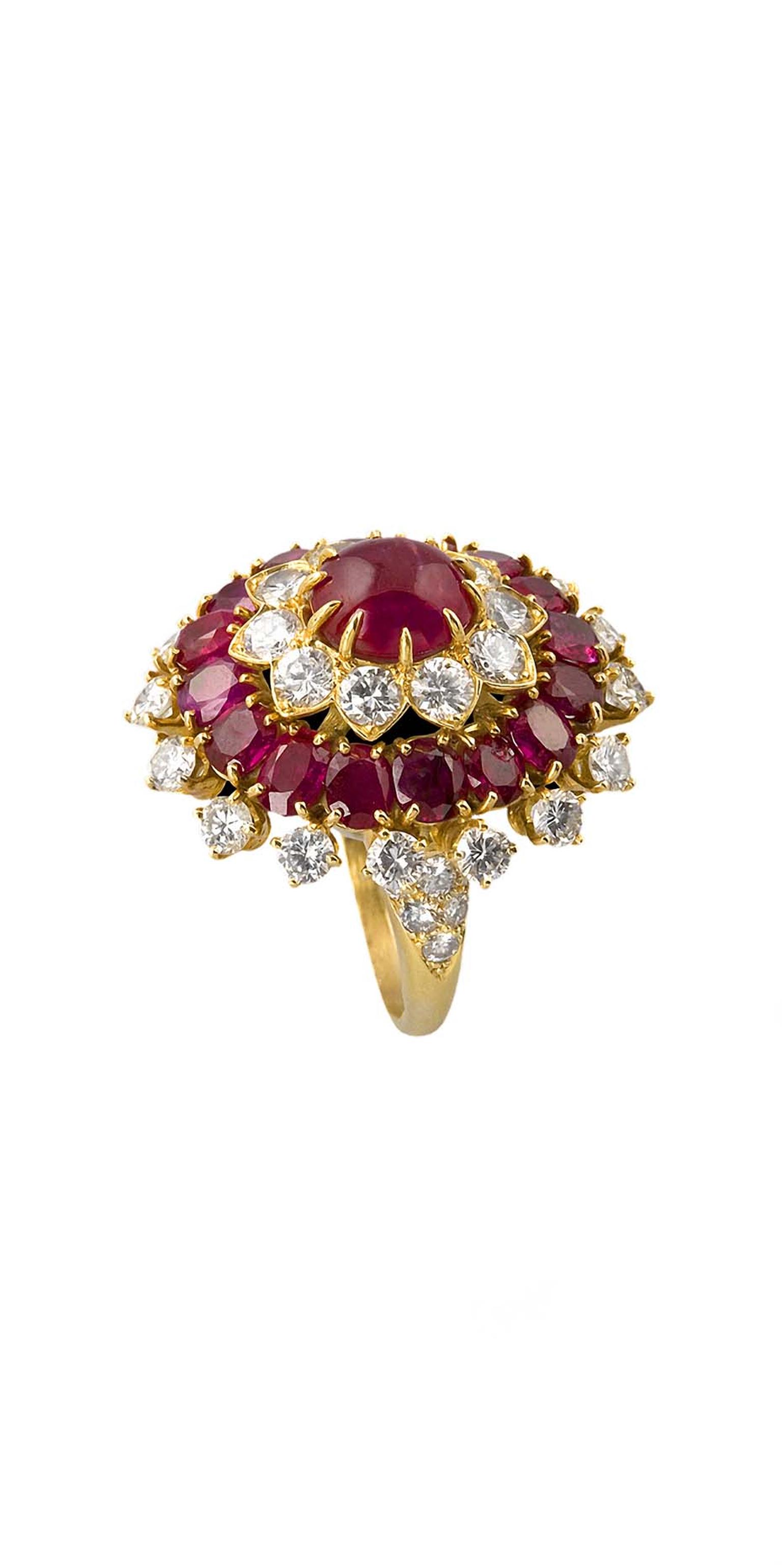 Macklowe Gallery's Indian inspired gold, ruby and diamond ring by Van Cleef & Arpels, featuring a 3.75ct center, surrounded by 38 diamonds and and 16 rubies.
