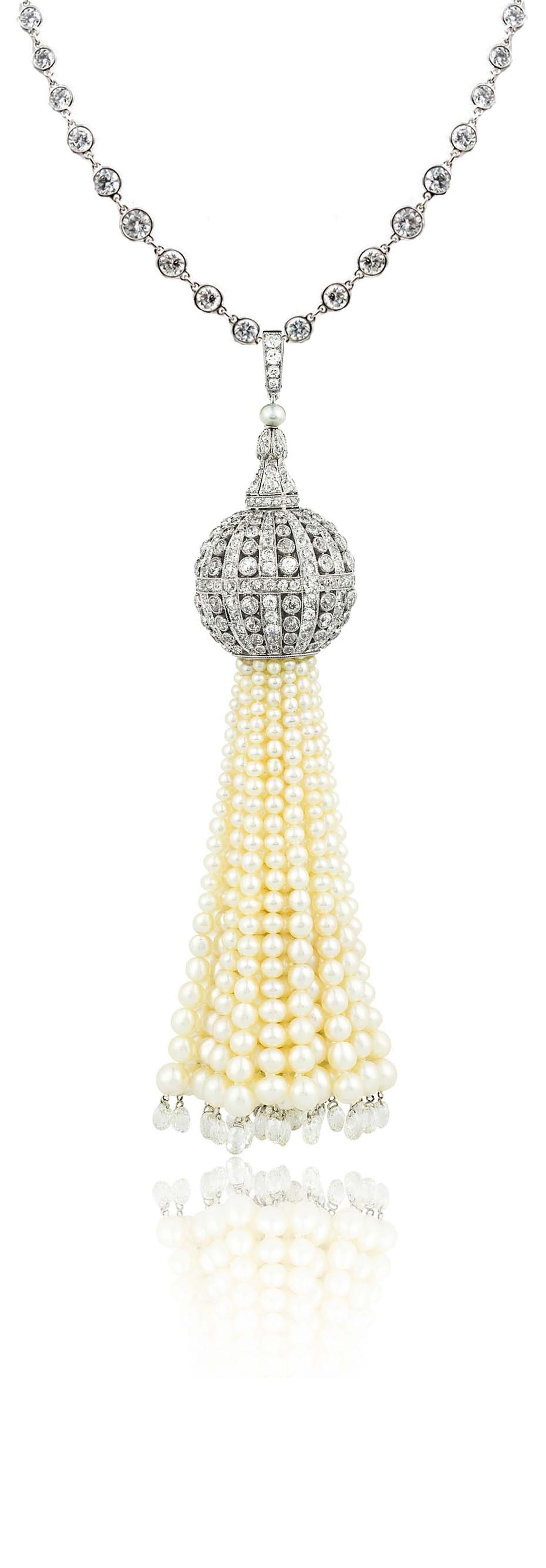 Stephen Russell Gallery's platinum diamond and natural pearl tassel necklace with 22 briolettes totalling 8.30ct.
