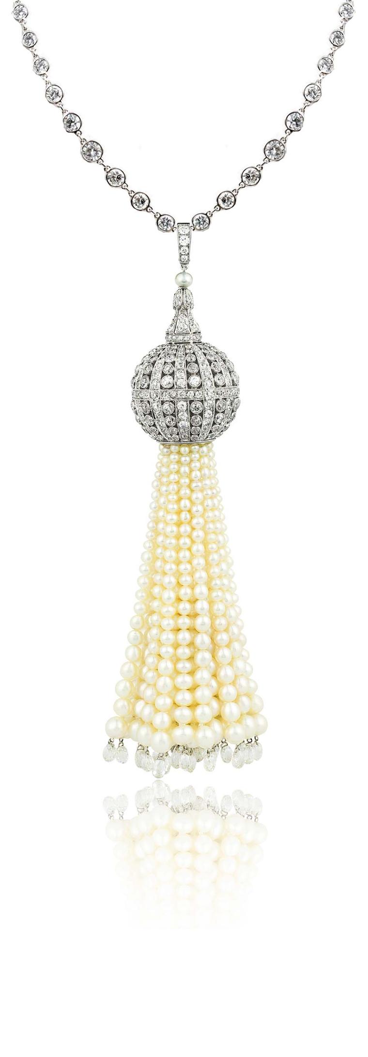 Stephen Russell Gallery's platinum diamond and natural pearl tassel necklace with 22 briolettes totalling 8.30ct.