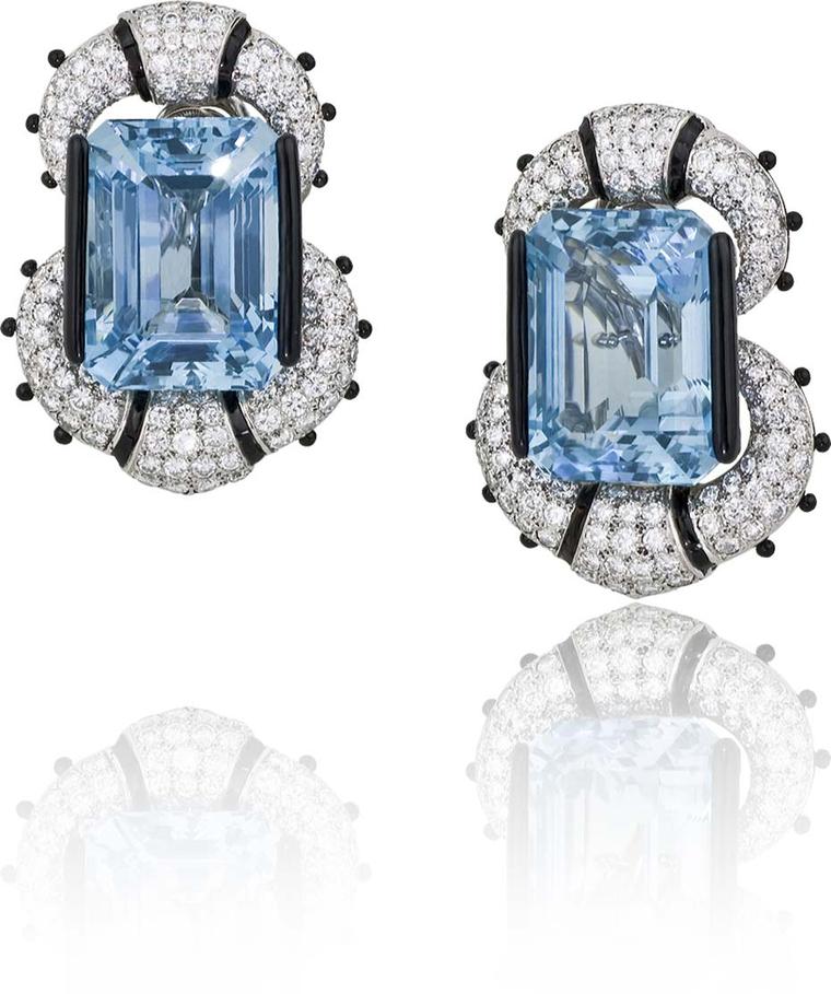 New York Gallery Stephen Russell's platinum earrings with aquamarines, diamonds and black enamel.