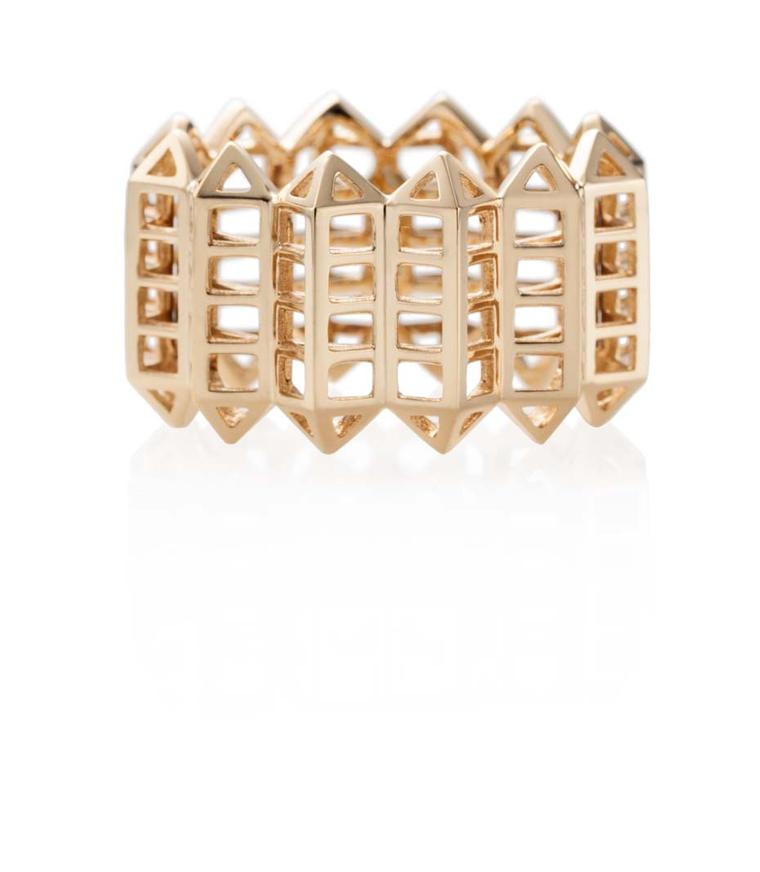 Nicholas Lieou Vertigo collection yellow gold Grid stacked ring.