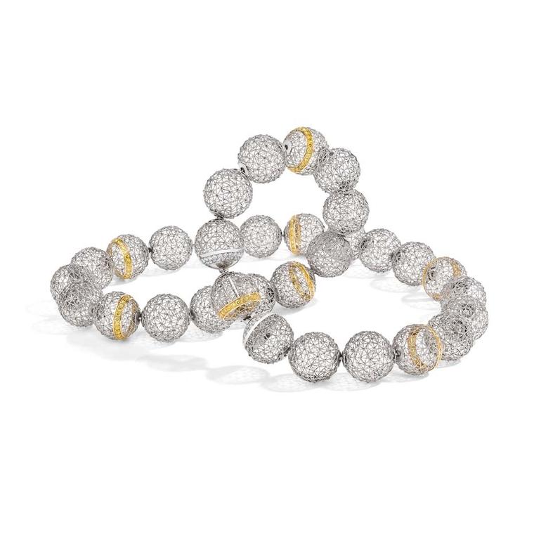 Tom Rucker Geo Alphasphere necklace in platinum and gold featuring 293 Vivid yellow and rare white diamonds totalling 2.86ct.