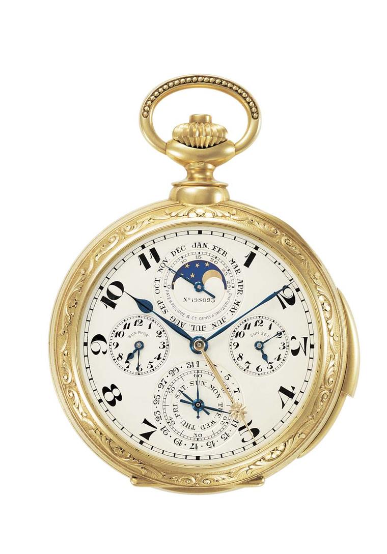The Patek Philippe pocket watch created for James Ward Packard, with a perpetual calendar, solar hour, rising and setting sun times, Moon phases and a rotating disk of 500 stars representing the Ohio night sky, minute repeater with three bells.