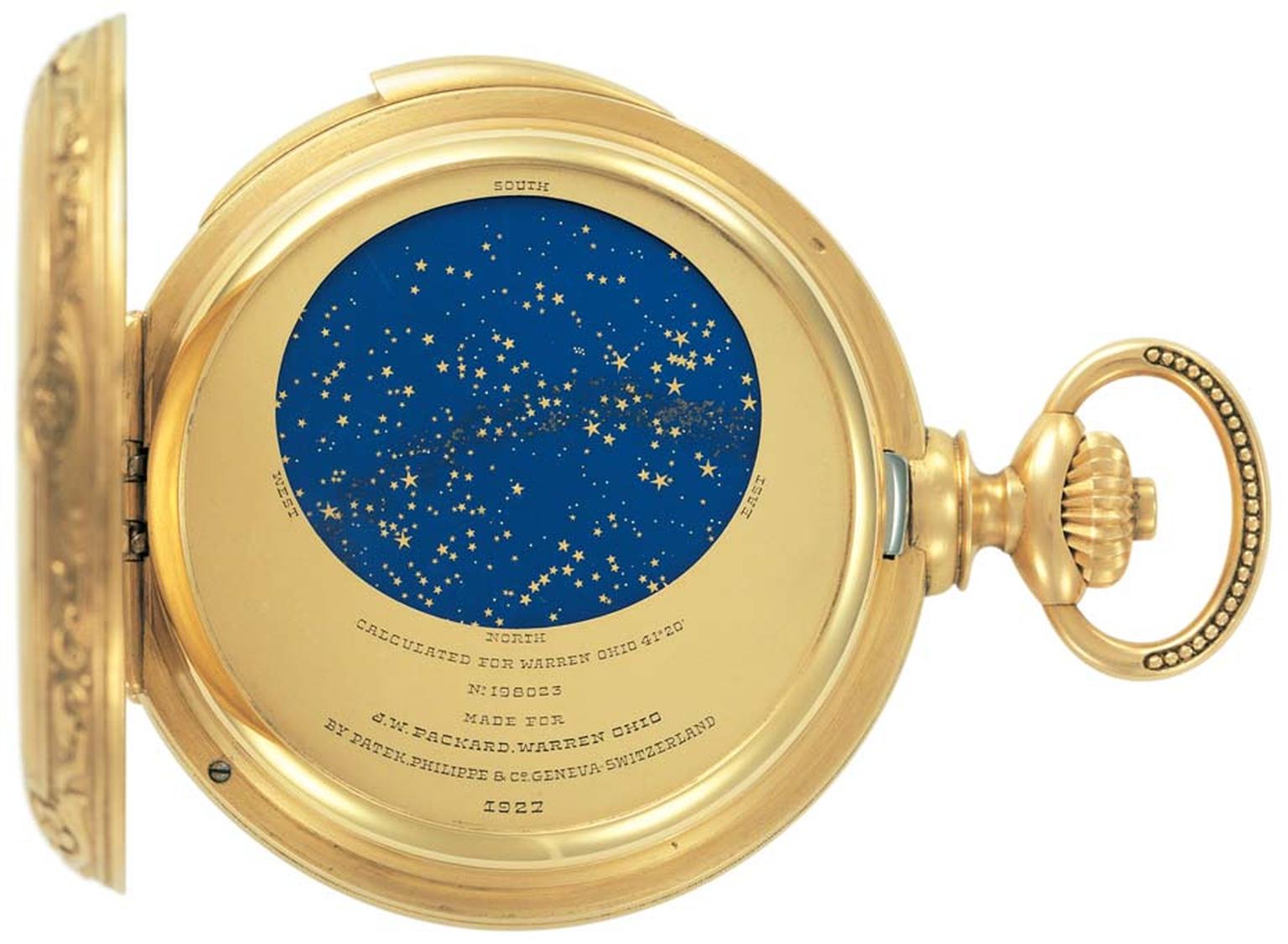 The Patek Philippe Grand Complication pocket watch made for James Ward Packard features a representation of the night sky over Packard's hometown of Warren, Ohio.