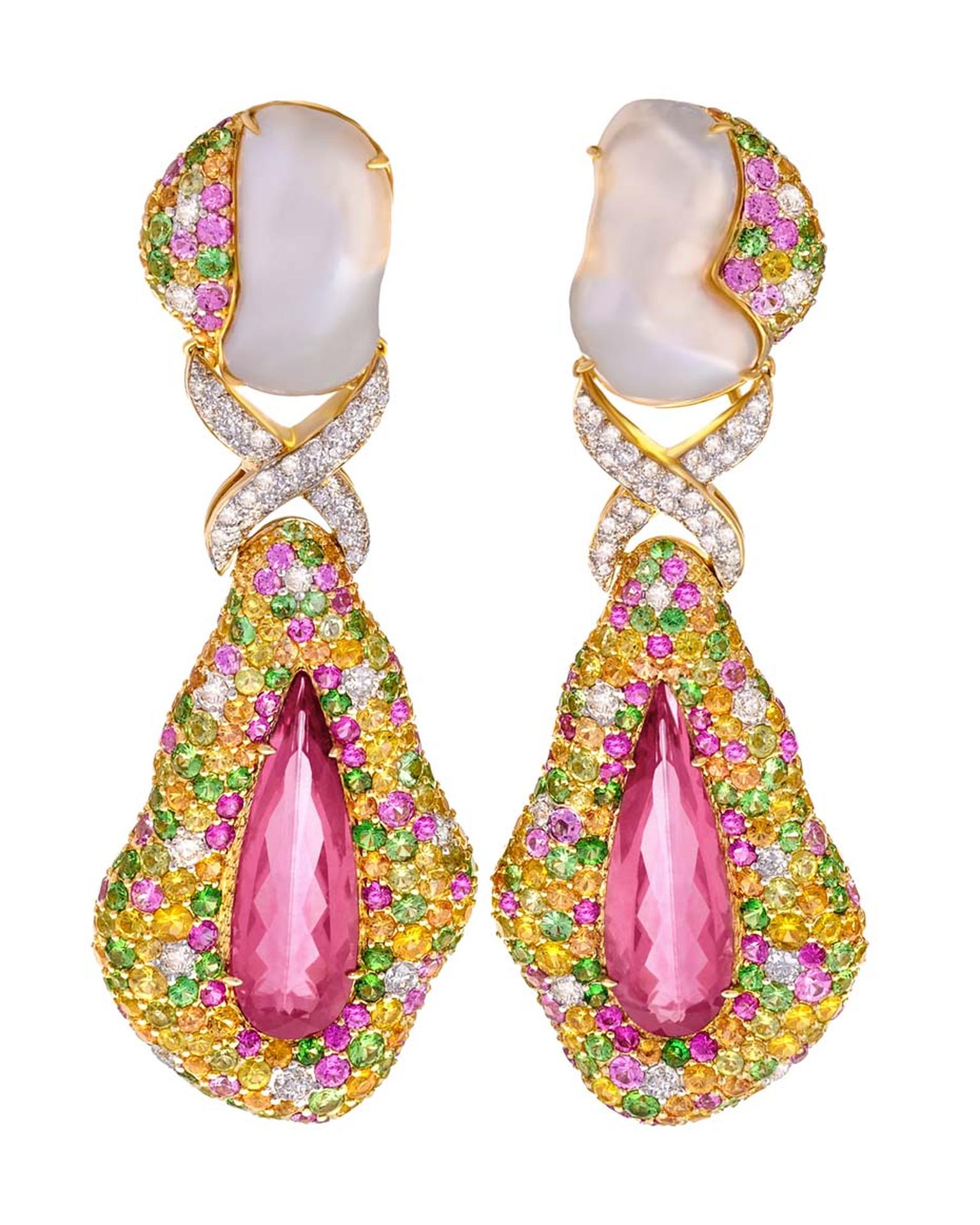 Margot McKinney rubellite drop earrings with Baroque South Sea pearls, sapphires and diamonds ($45,000).