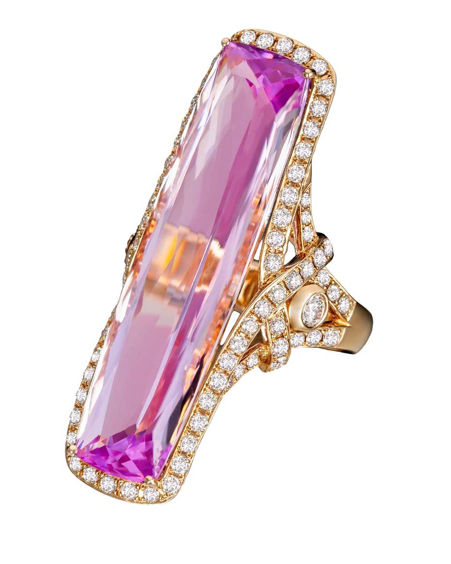 Margot McKinney 30.68ct baguette-cut pink kunzite ring with brilliant-cut white diamonds.