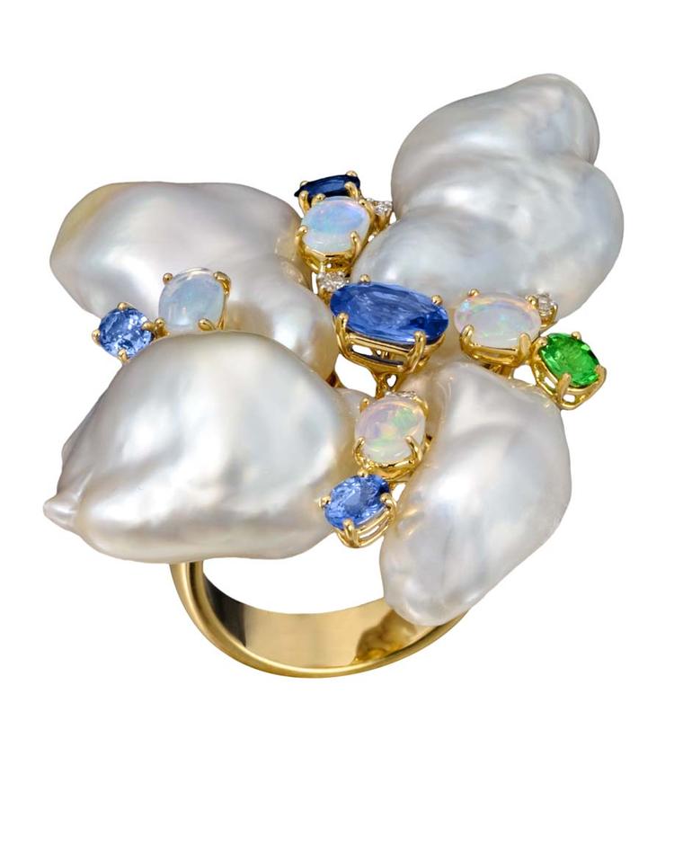 Margot McKinney Baroque South Sea pearl ring with opals, sapphires and diamonds.