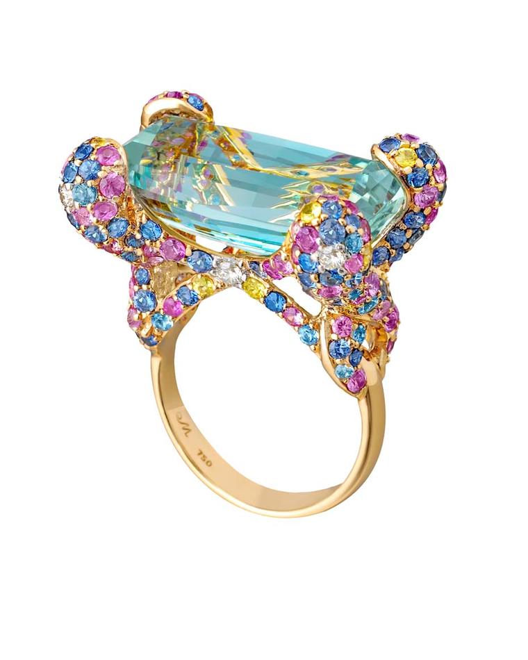 Margot McKinney ring set with a 16.68ct aquamarine with pink and blue sapphires and diamonds.
