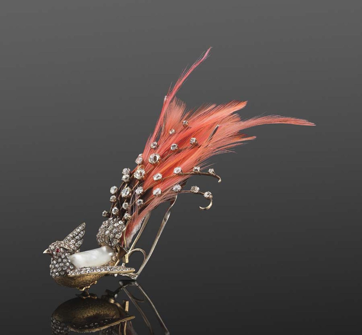 19th century diamond, ruby and pearl bird aigrette hair ornament with feathers, sold at Fred Leighton's store in Manhattan.