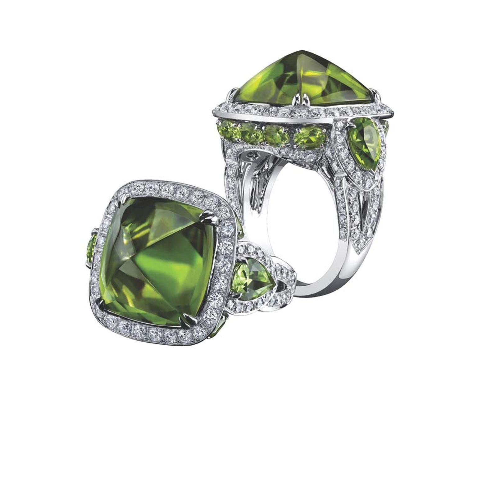 Robert Procop ring in white gold, from the Legacy Brooke collection, set with a 17.00ct sugarloaf peridot and diamonds ($24,000).