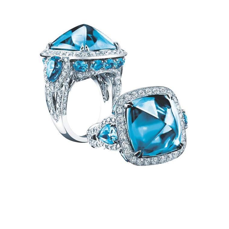 Robert Procop ring in white gold, from the Legacy Brooke collection, set with a 20.00ct sugarloaf blue topaz and diamonds ($16,000).