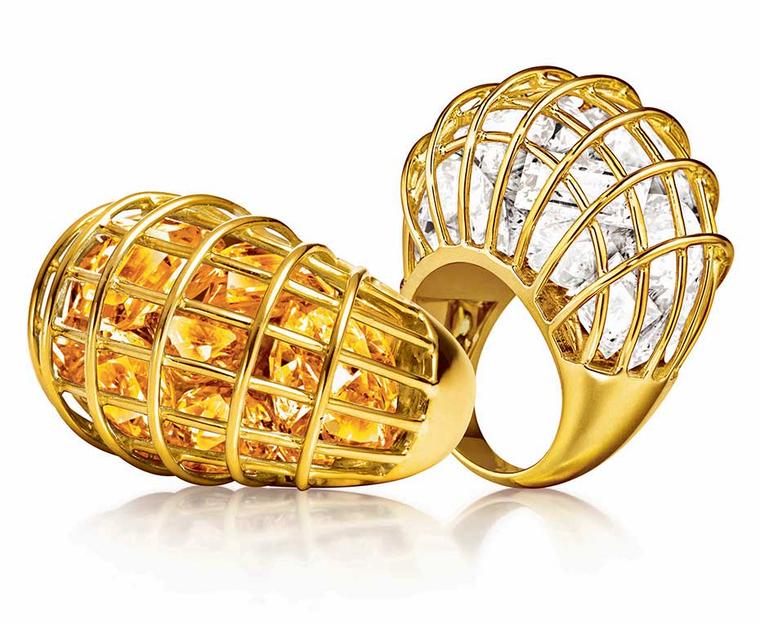 Verdura Caged rings in yellow gold with rock crystal and citrine.
