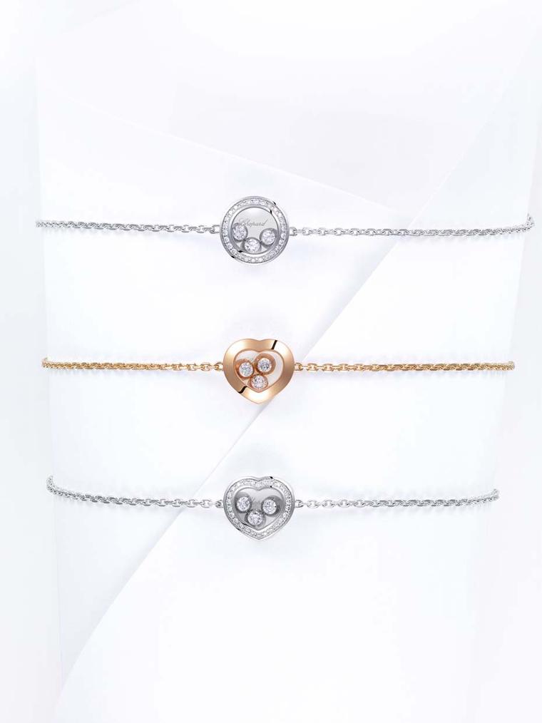 Chopard bracelets from the Happy Curves bracelet in white or rose gold with either a circular or heart motif carrying three freely moving brilliant-cut diamonds.