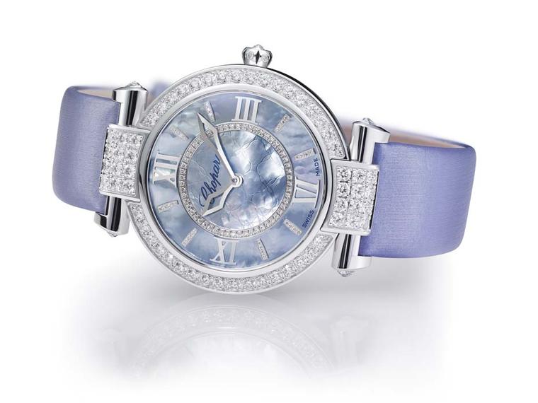 Chopard Imperiale watch, available with pastel-coloured dials and matching satin straps in soft white, lavender blue and powder pink.