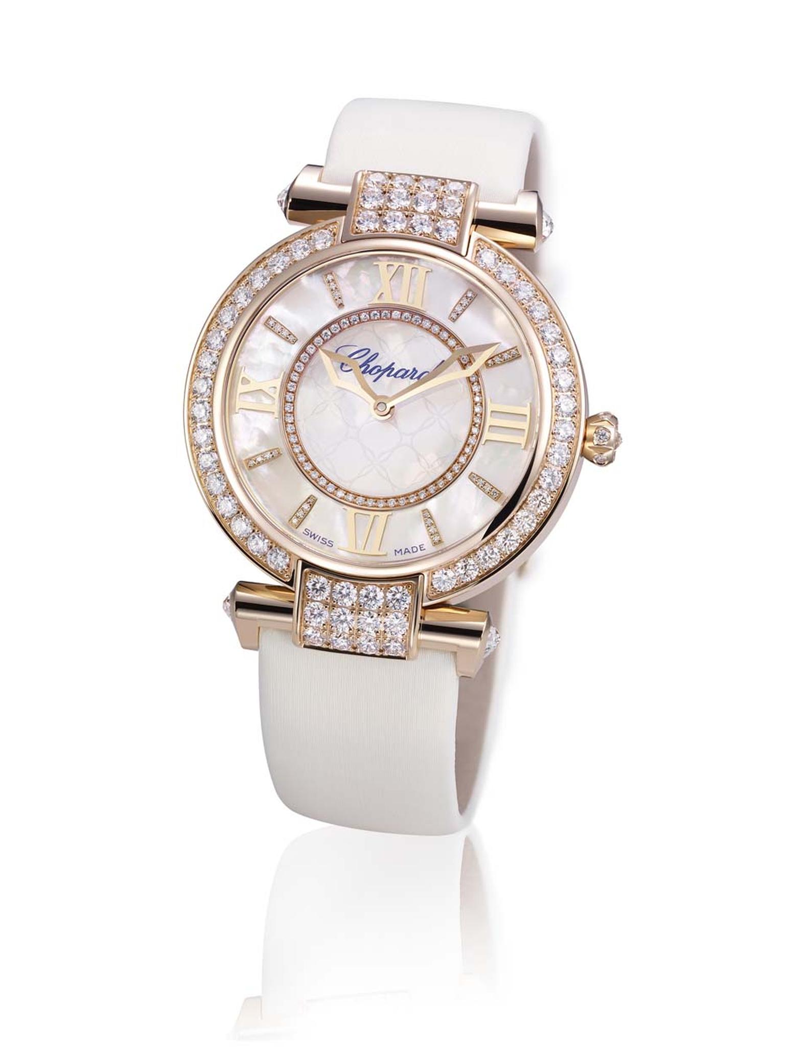 The Chopard Imperiale watch is classical in spirit, with Roman numerals and a round 36mm white gold or rose gold case, the new dial of the has been crafted in shimmering lavender, pink or white mother-of-pearl.