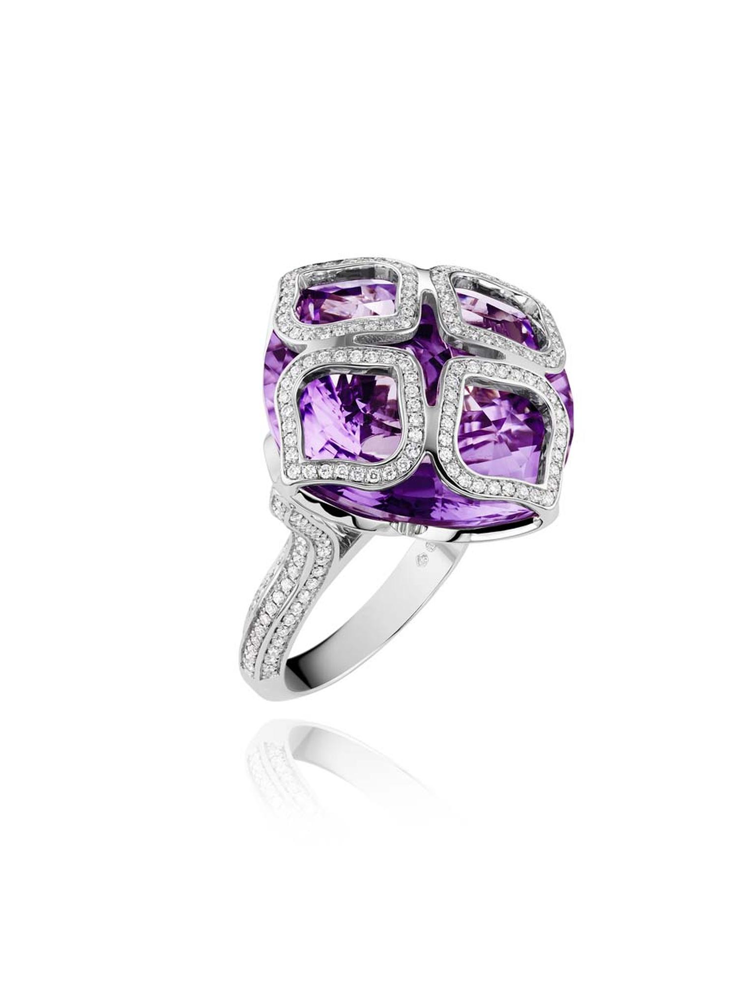 Chopard Imperiale ring featuring a faceted amethyst covered by four diamond-encrusted arabesque motifs.