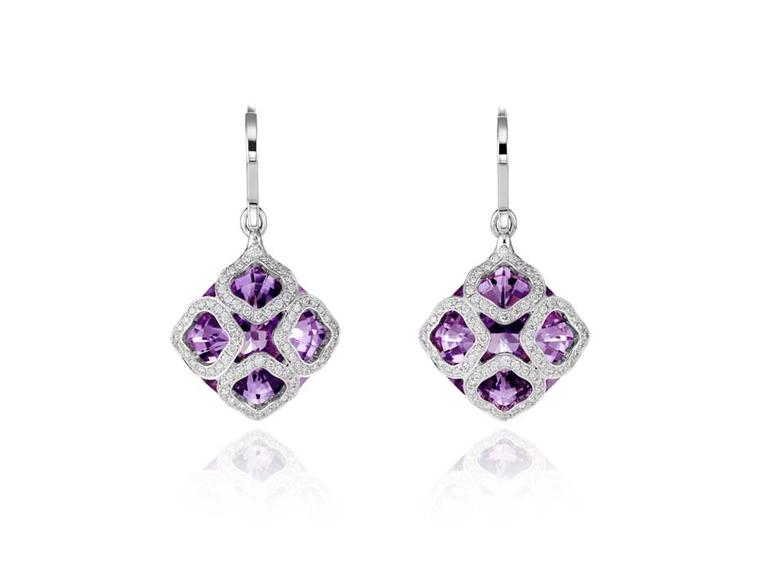 Chopard Imperiale earrings featuring faceted amethysts covered by four diamond-encrusted arabesque motifs.