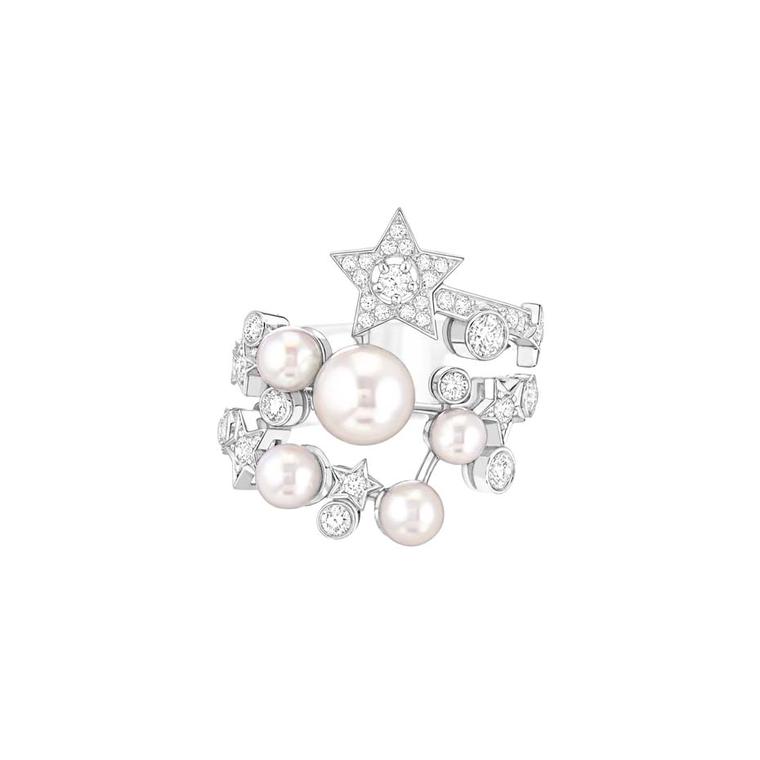 Chanel Voie Lactée ring in white gold set with 45 brilliant-cut diamonds and six Japanese cultured pearls, from the new Comete collection.