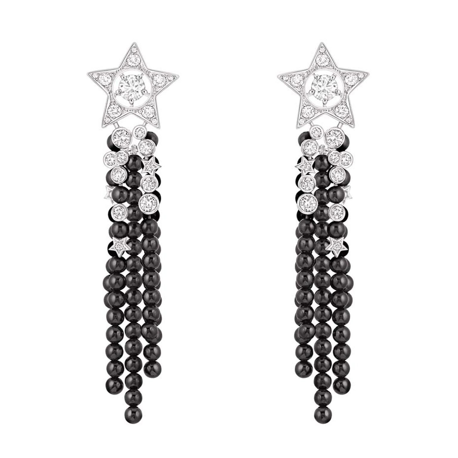 Chanel Nuit de Diamants earrings in white gold set with 46 brilliant-cut diamonds and 501 black spinel beads, from the new Comete collection.