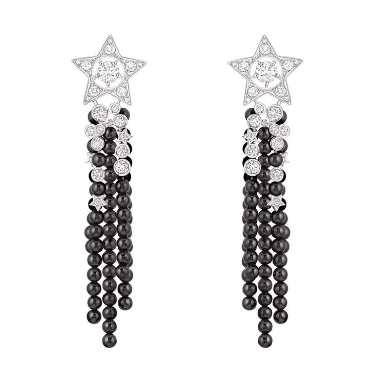 Chanel Nuit de Diamants earrings in white gold set with 46 brilliant-cut diamonds and 501 black spinel beads, from the new Comete collection.