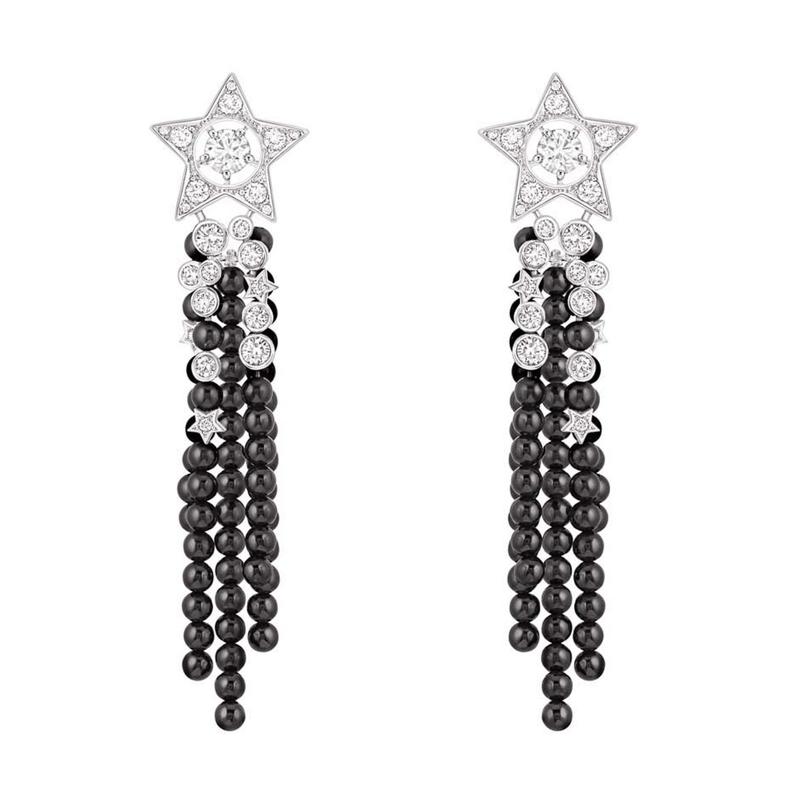 Chanel Nuit de Diamants earrings in white gold with diamonds and black spinel beads.