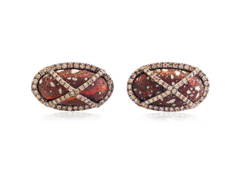 Colette cufflinks with diamonds over deep red-brown jasper.