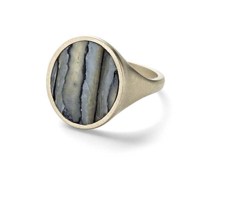 Monique Péan men's signet ring set with blue fossilized woolly mammoth in recycled white gold.