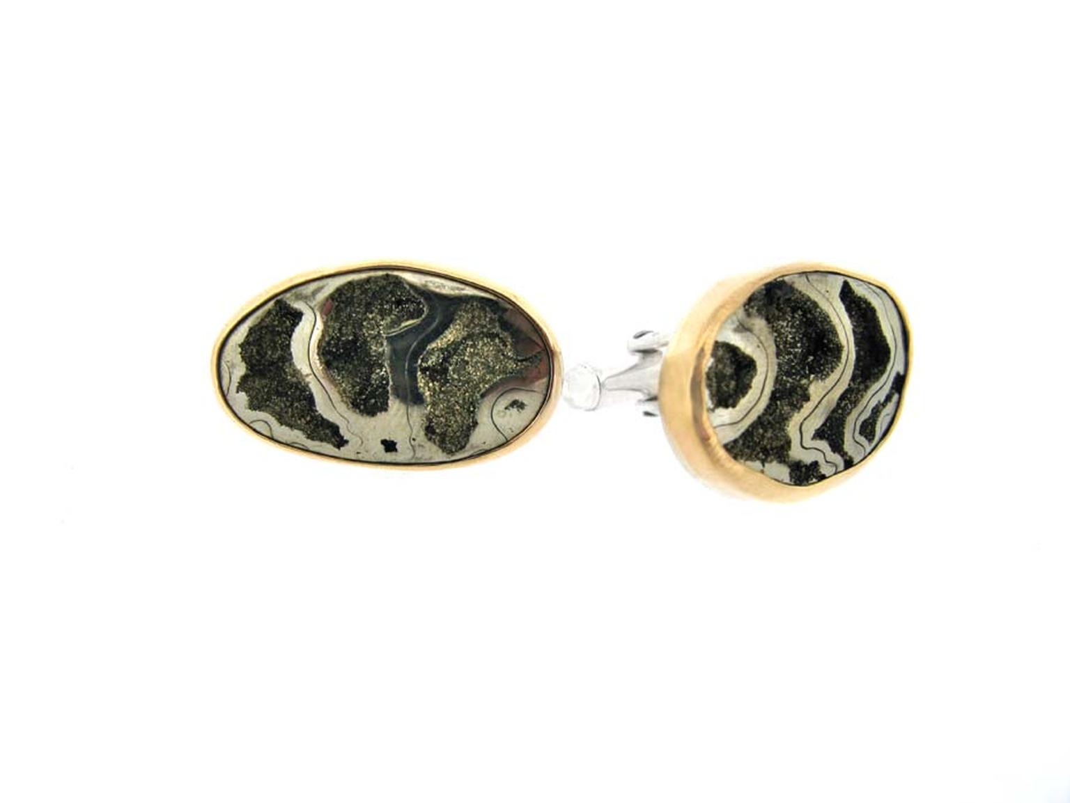 Melissa Joy Manning cufflinks with ammonite and natural stripes of pyrite.