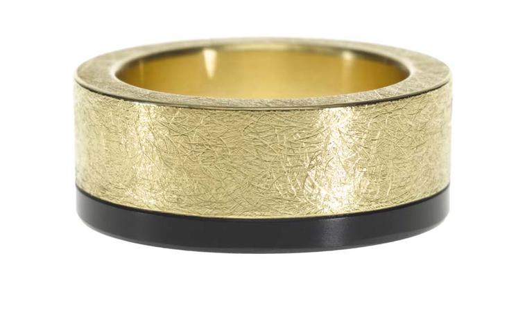 Todd Reed textured gold band with a strip of black jade.