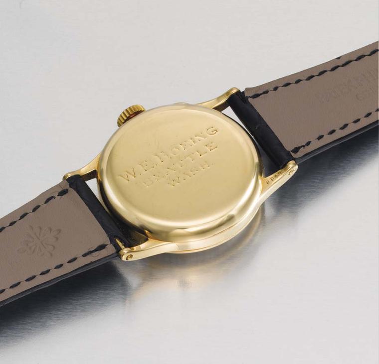 The initials of Mr William E. Boeing of Seattle, Washington, are inscribed on the back of the rare Patek Philippe Reference 130 wristwatch, which sold for $494,000 at Christie's Patek Philippe 175th Anniversary sale on 9 November 2014.