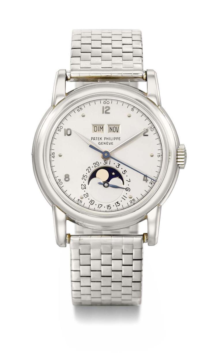 This Patek Philippe watch Reference 2497 is the third existing model of this reference ever to have been crafted in white gold. The perpetual calendar with Moon phase wristwatch had never appeared in public before the auction at Christie's Geneva, where i