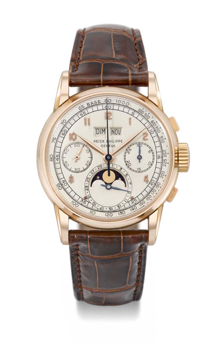 The top lot at Christie's Patek Philippe 175th Anniversary sale was a Patek Philippe watch Reference 2499 First Series that fetched over $2.6 million, one of only four examples in pink gold of the perpetual calendar chronograph watch with Moon phases and 