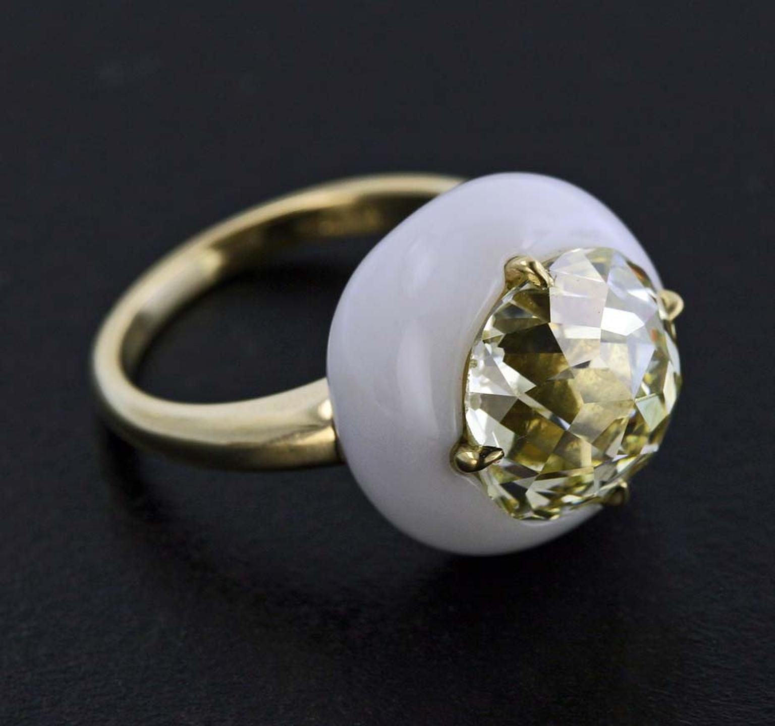 James de Givenchy Taffin Jubilee Cut diamond, cacholong and yellow gold ring.