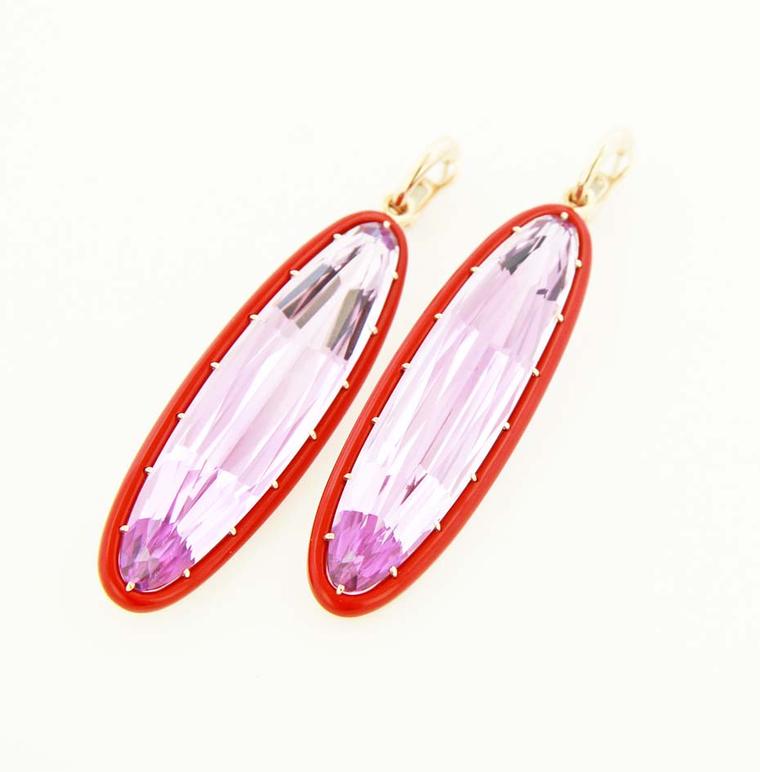 James de Givenchy Taffin kunzite, red ceramic and rose gold ear pendants.