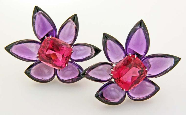 James de Givenchy Taffin amethyst, rhodochrosite and platinum Flower earrings.