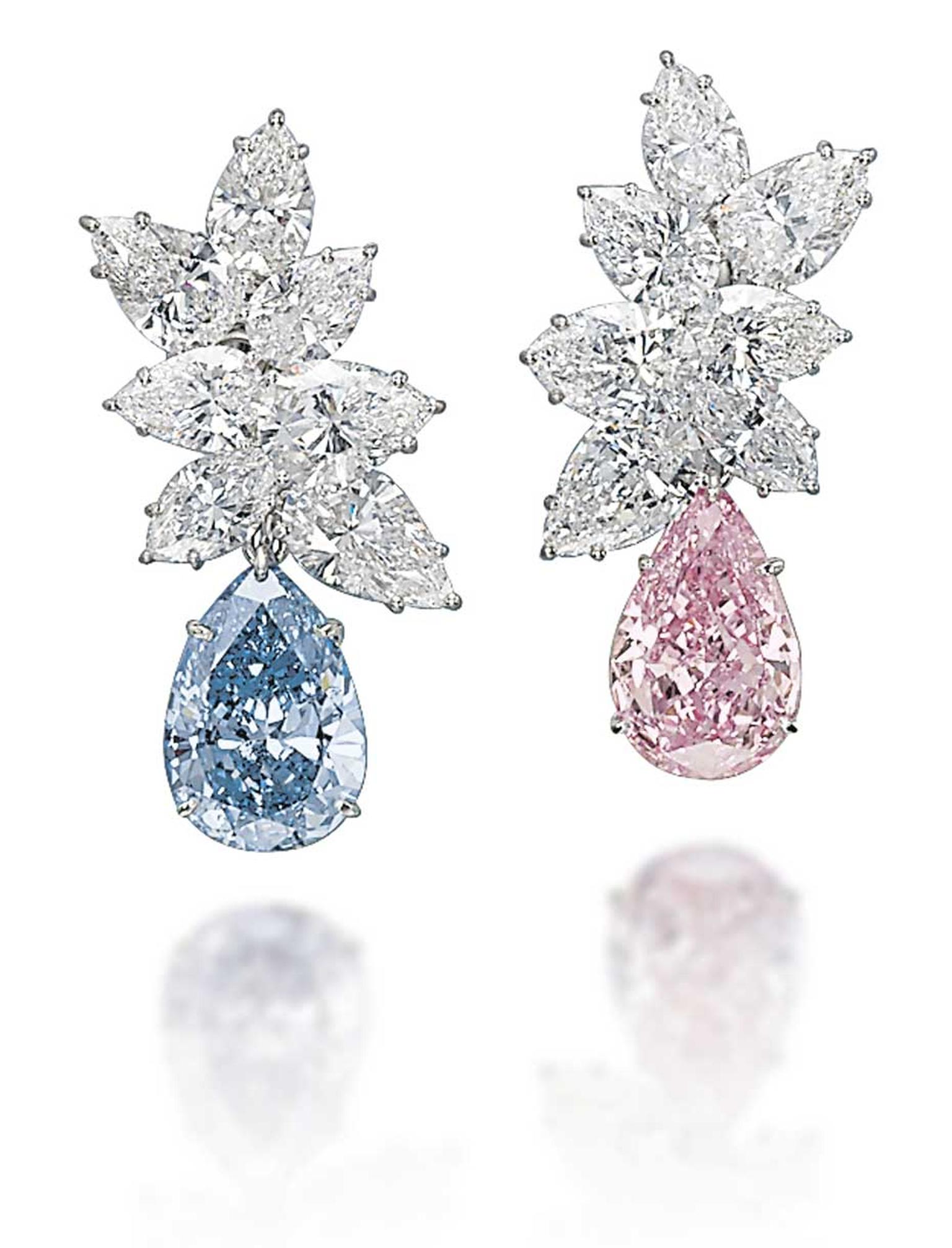 A pair of coloured diamond ear pendants, set with pear-shaped diamonds in Fancy blue and Vivid pink, achieved the second highest price at Christie's Magnificent Jewels Sale in Geneva, selling to Laurence Graff for $15.82 million.