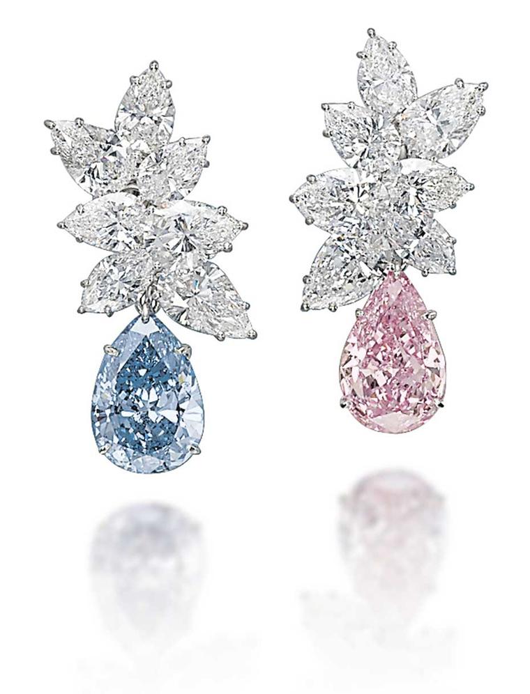 A pair of coloured diamond ear pendants, set with pear-shaped diamonds in Fancy blue and Vivid pink, achieved the second highest price at Christie's Magnificent Jewels Sale in Geneva, selling to Laurence Graff for $15.82 million.