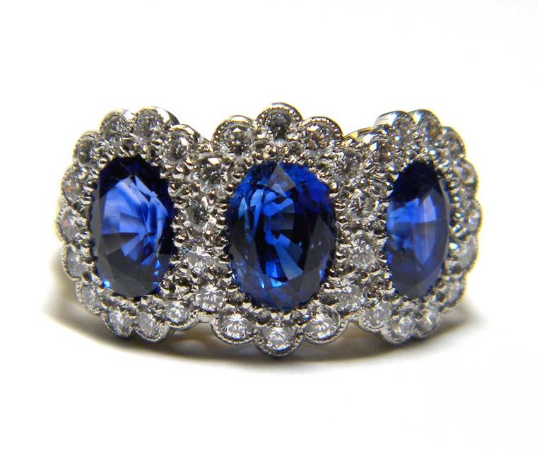 Vintage triple cluster sapphire engagement ring with diamonds (£7,525). Available at Susannah Lovis in the Burlington Arcade, London.