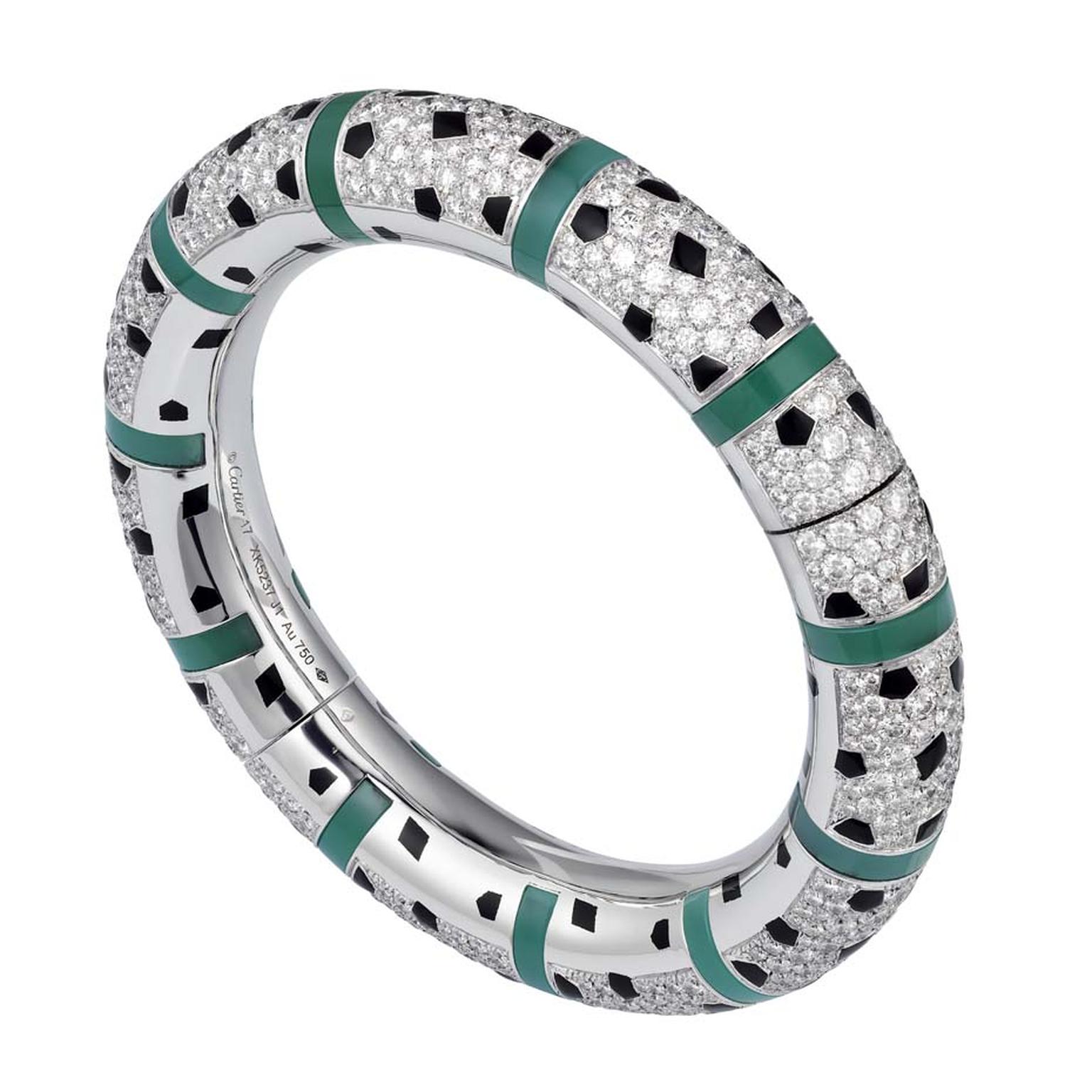 Panthère de Cartier bracelet in white gold featuring 661 brilliant-cut diamonds, black lacquer, onyx and chrysoprase.