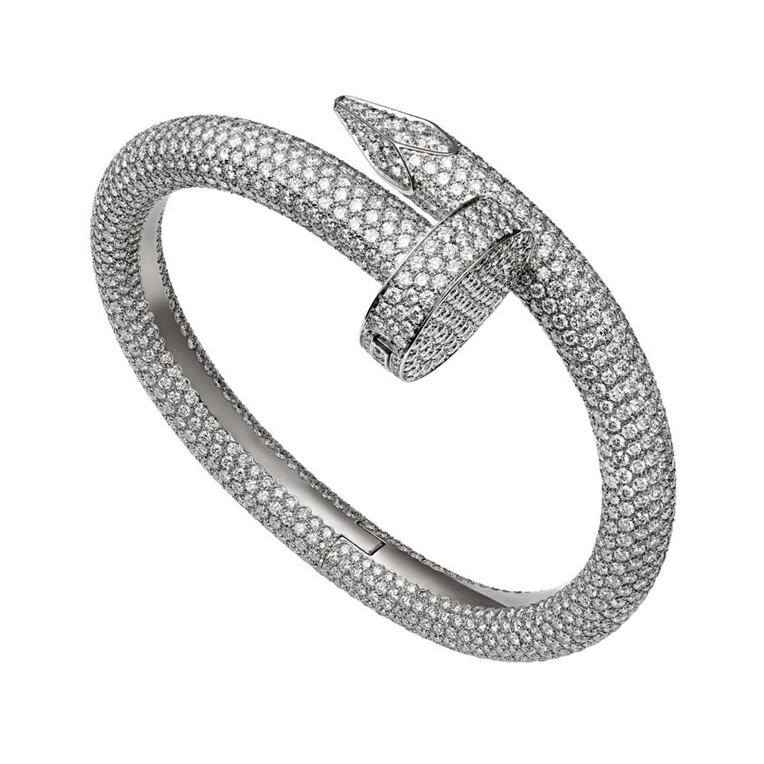 A fully diamond-pavéd interpretation of Cartier's Juste un Clou bracelet - a triumphant design from the 1970s - was launched recently.