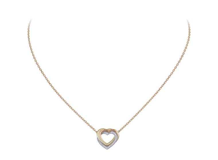 Cartier Sweet Trinity pendant with three intertwined hearts in rose and yellow gold and diamond-set grey gold.