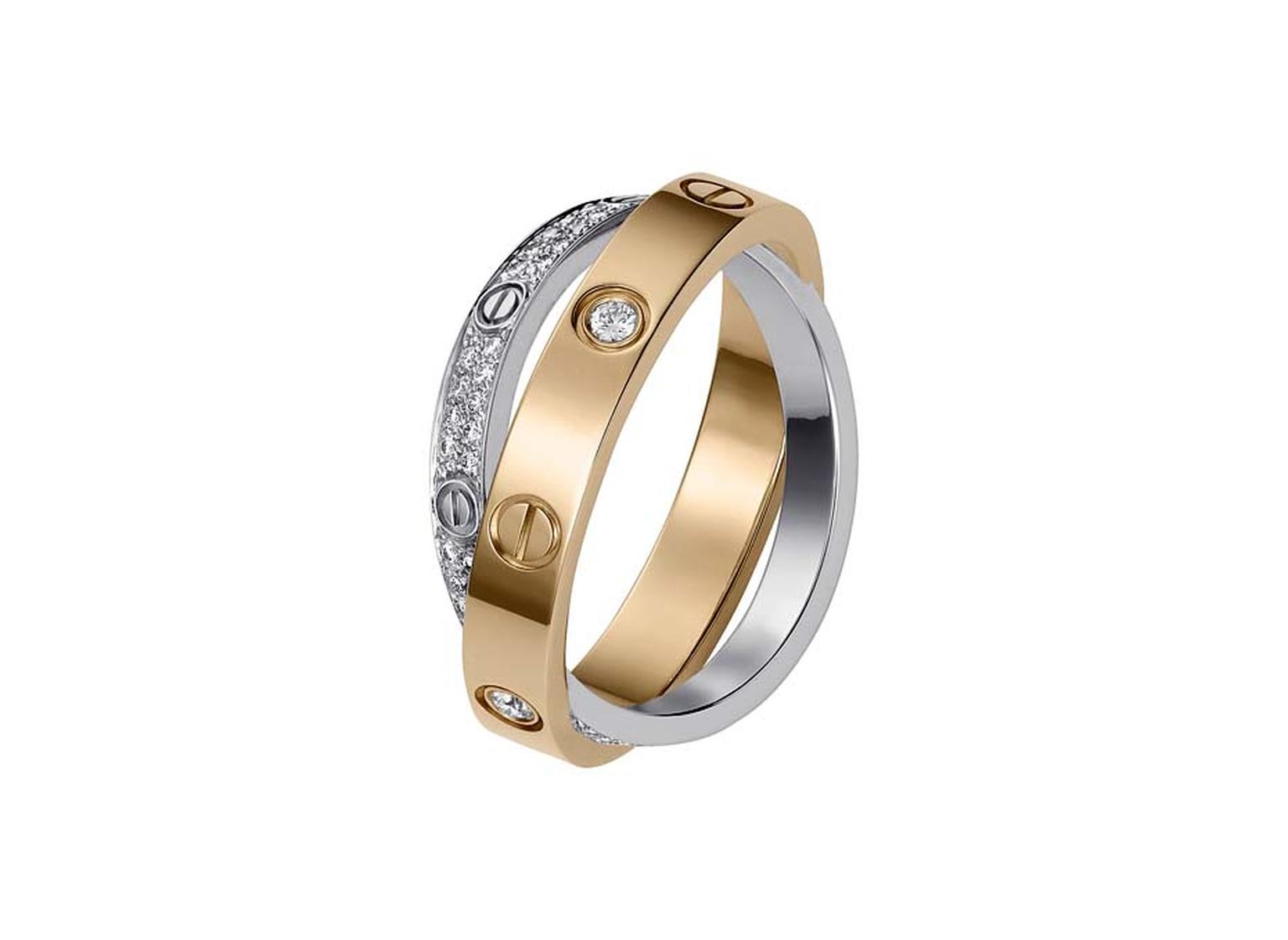 Cartier Love double ring in platinum and rose gold with diamonds.