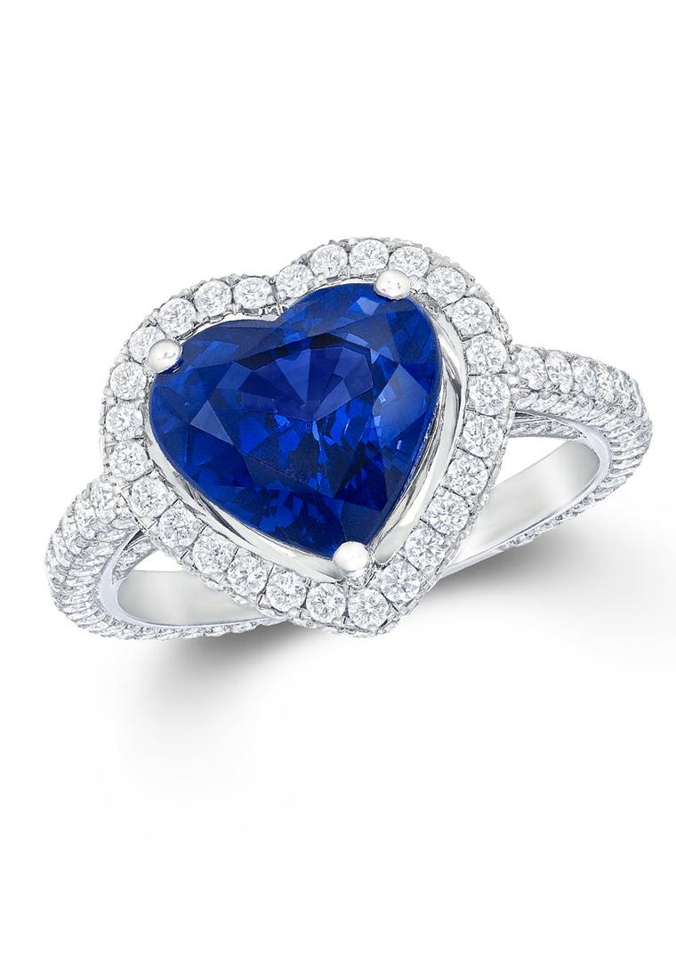 Graff Diamonds heart-shaped sapphire engagement ring featuring diamond-set shoulders.